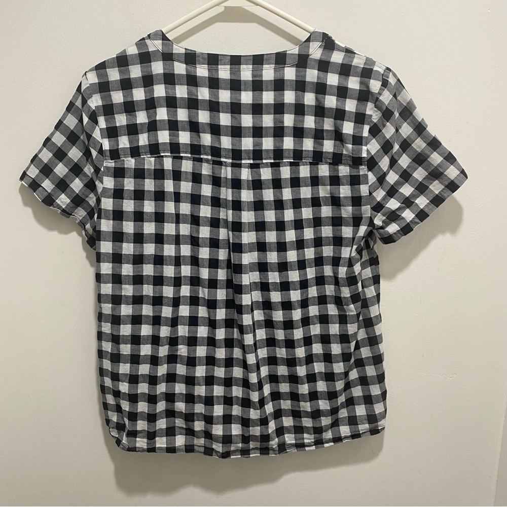 J Crew cotton short sleeve blouse tie black white check gingham lightweight - Picture 2 of 4